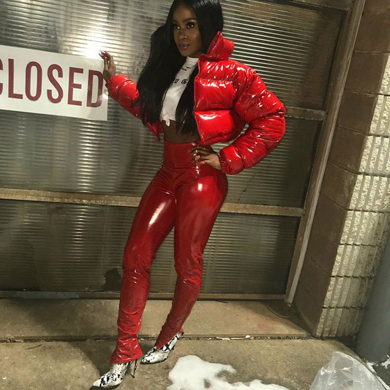 Women Clothing Winter Long leeved Zipped Stand up Collar Thermal Mirror Casual Cotton padded Jacket Outerwear