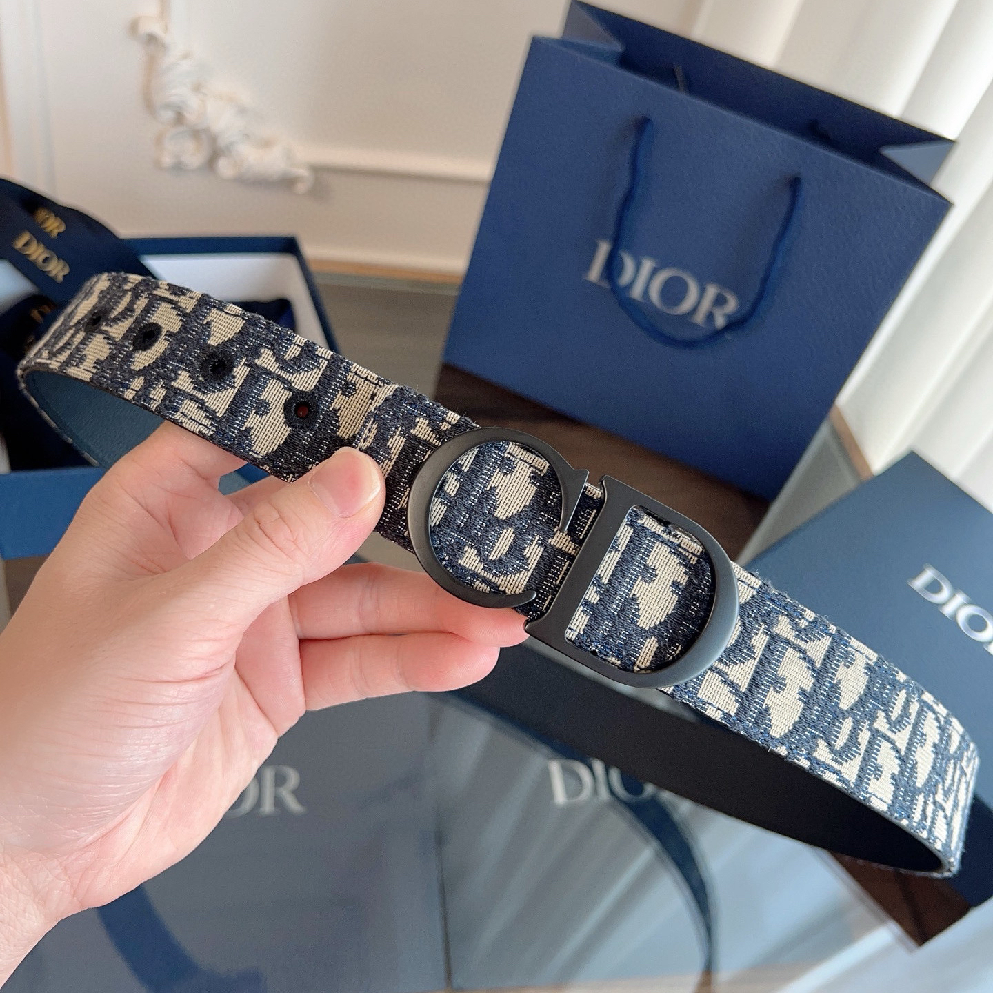 Dior Oblique Blue Cloth Black Cowhide Leather Strap 3.5cm Wide