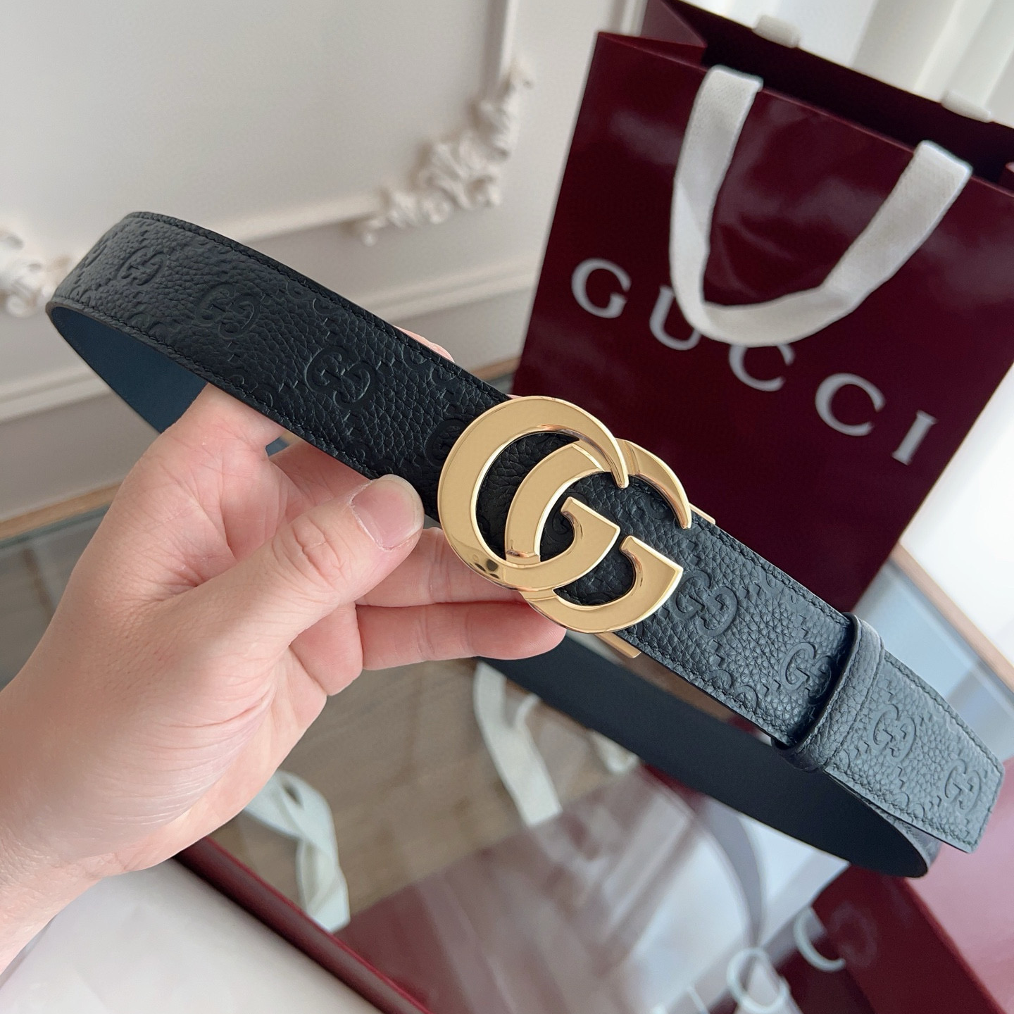 Gucci automatic smooth buckle double-sided cowhide belt width 3.5cm