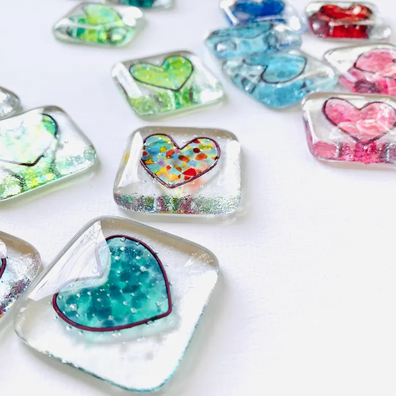Fused glass heart pocket hug token