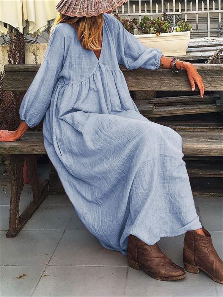 Vintage Pleated V Neck Maxi Dress