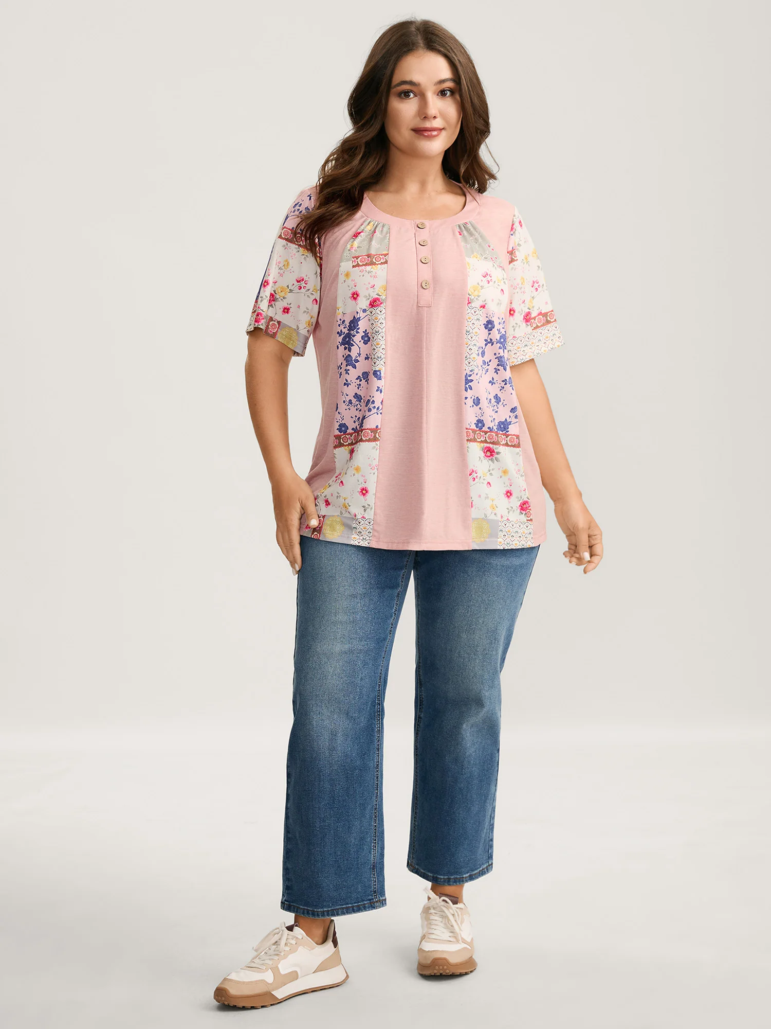 Stretchy Color Block Floral T-Shirt