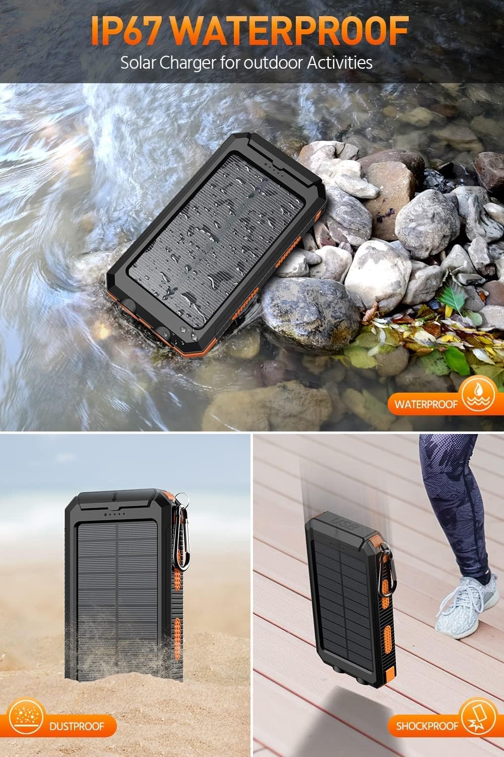 Power-Bank-Portable-Charger-Solar - 36800mAh Waterproof Portable External Backup Battery Charger Built-in Dual QC 3.0 5V3.1A Fast USB and Flashlight for All Phone and Electronic Devices (Deep Orange)