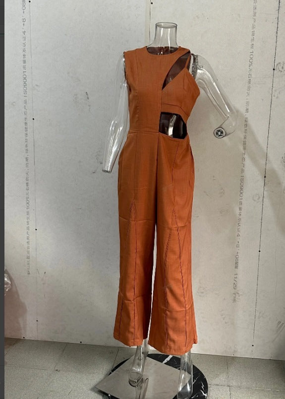 Round-Neck Hollow Out Wide Leg Jumpsuit with High Waist, Solid Color: Fashionable