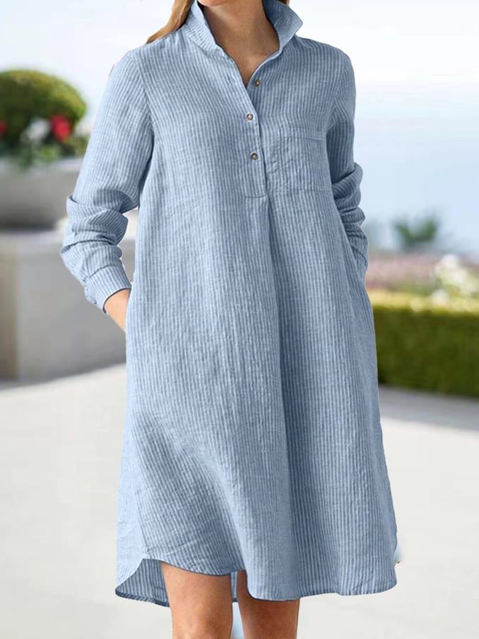 Women's Casual Cotton And Linen Striped Long-Sleeved Shirt Dress