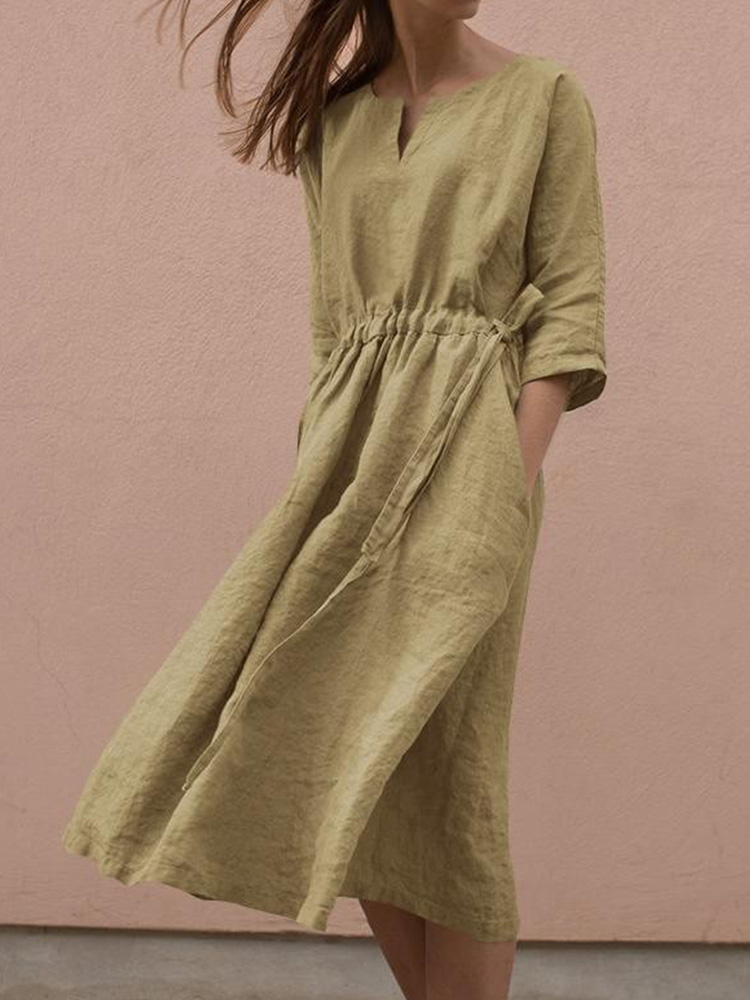 Solid Color Lace-up V Neck Midi Dress