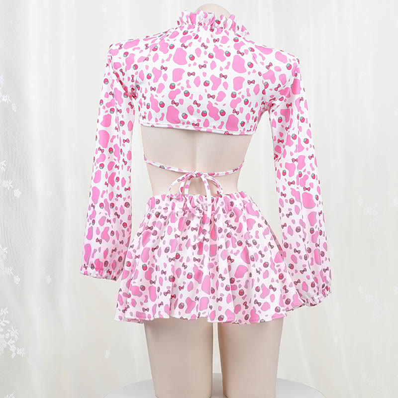 Cosplay Cow Strawberry Letter Print Bikini Uniform Lingerie Set