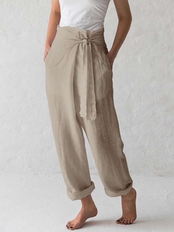 Cotton Linen Lace Up Casual Pants