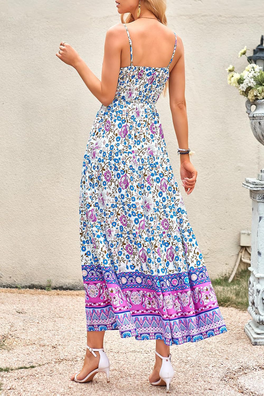 Blue and purple Retro Floral Bohemian dress with adjustable shoulder straps