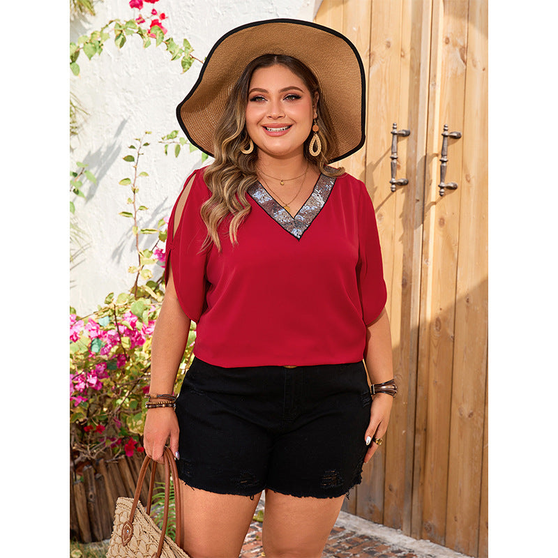 Plus Size Shirt Summer V neck Red Short Sleeve Top Loose Short Sleeve Shirt