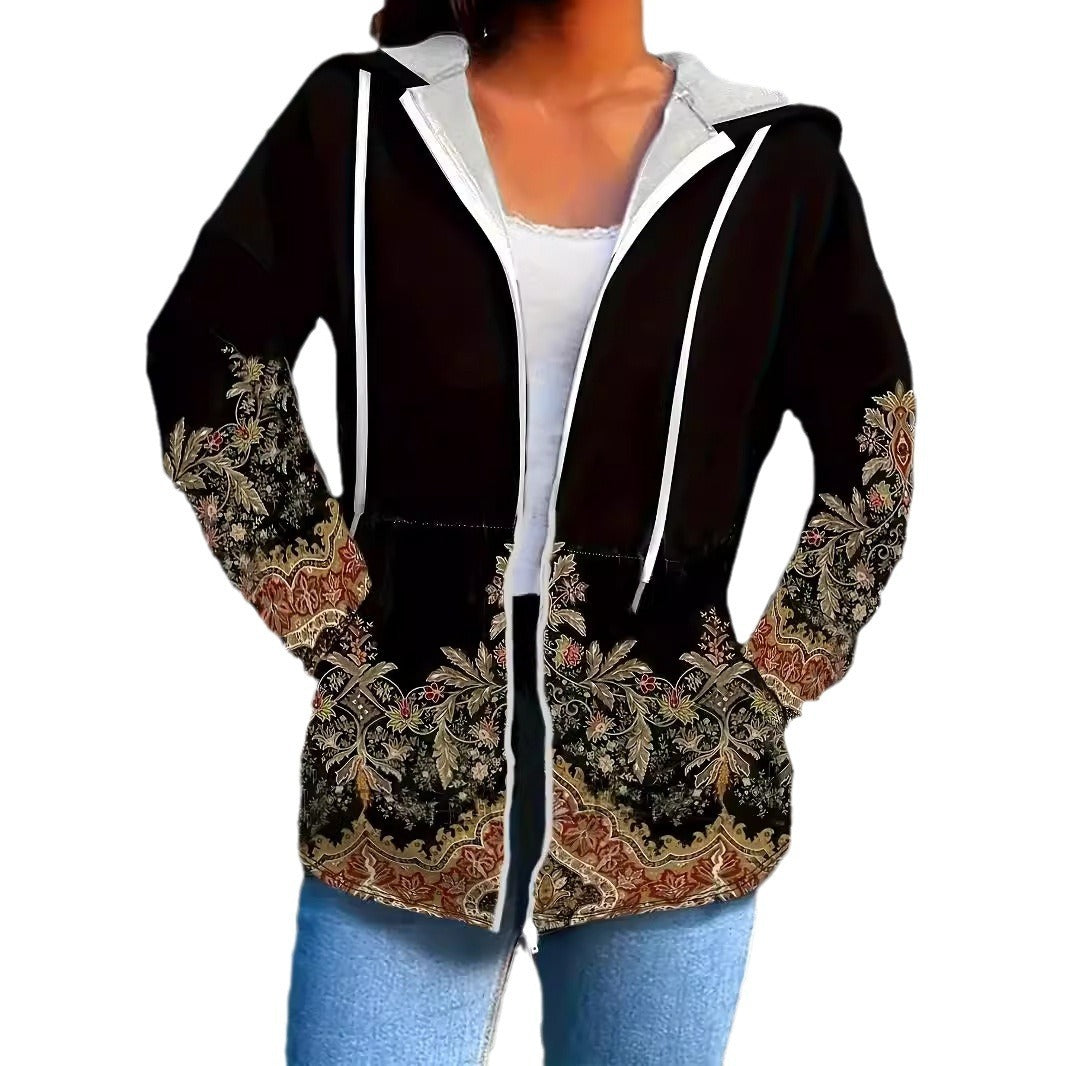 Plus Size Women's Hooded Coat with Ethnic Print