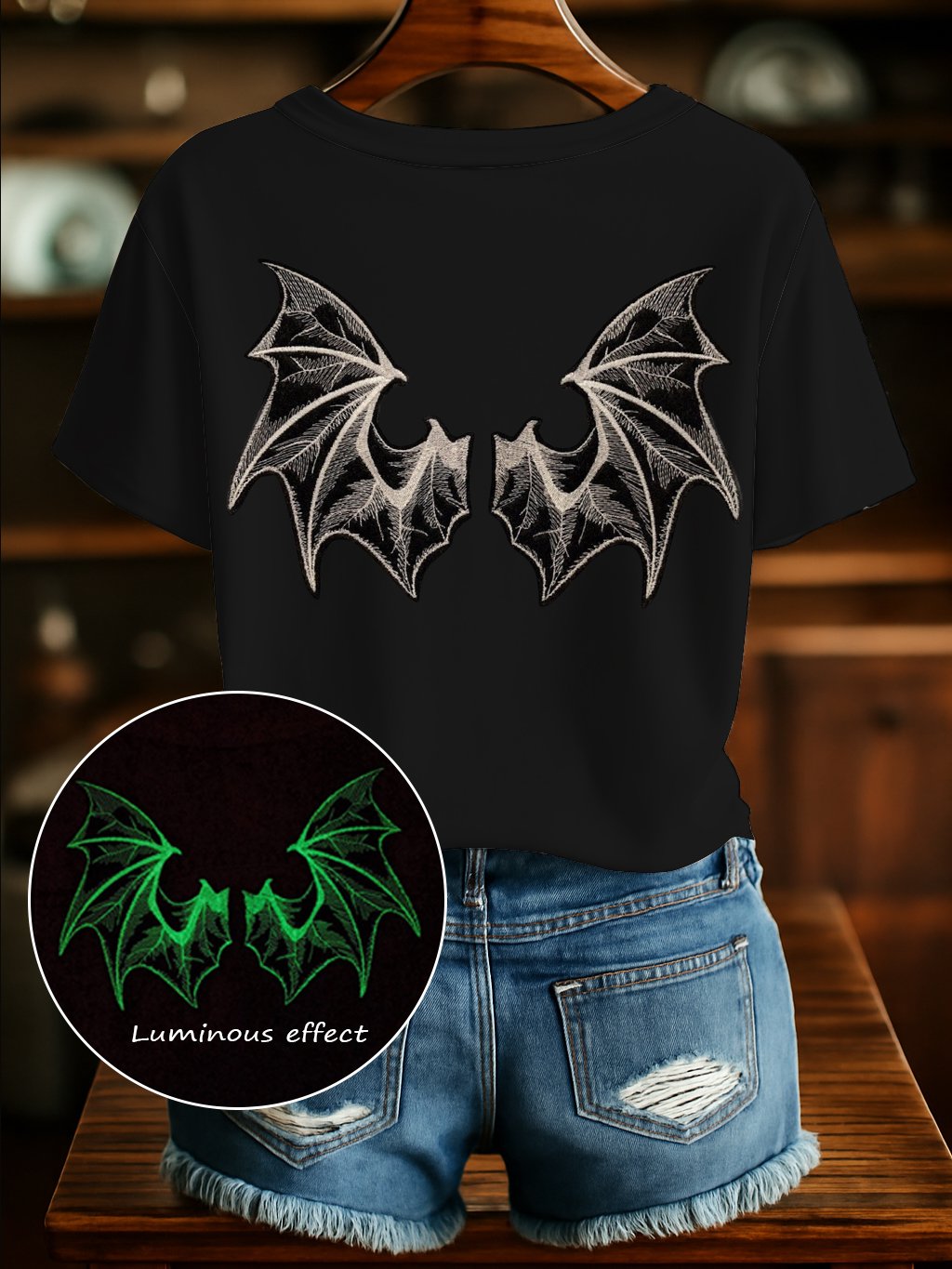 🔥Buy 3 Get 10% Off🔥Women's Halloween Demon Wings Luminous Material Printed Casual T-Shirt