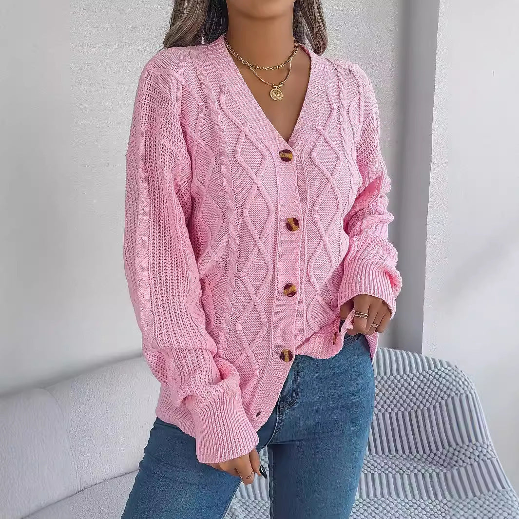 V-neck Lantern Sleeve Twist Button Sweater Coat for Women | Stylish Knitwear
