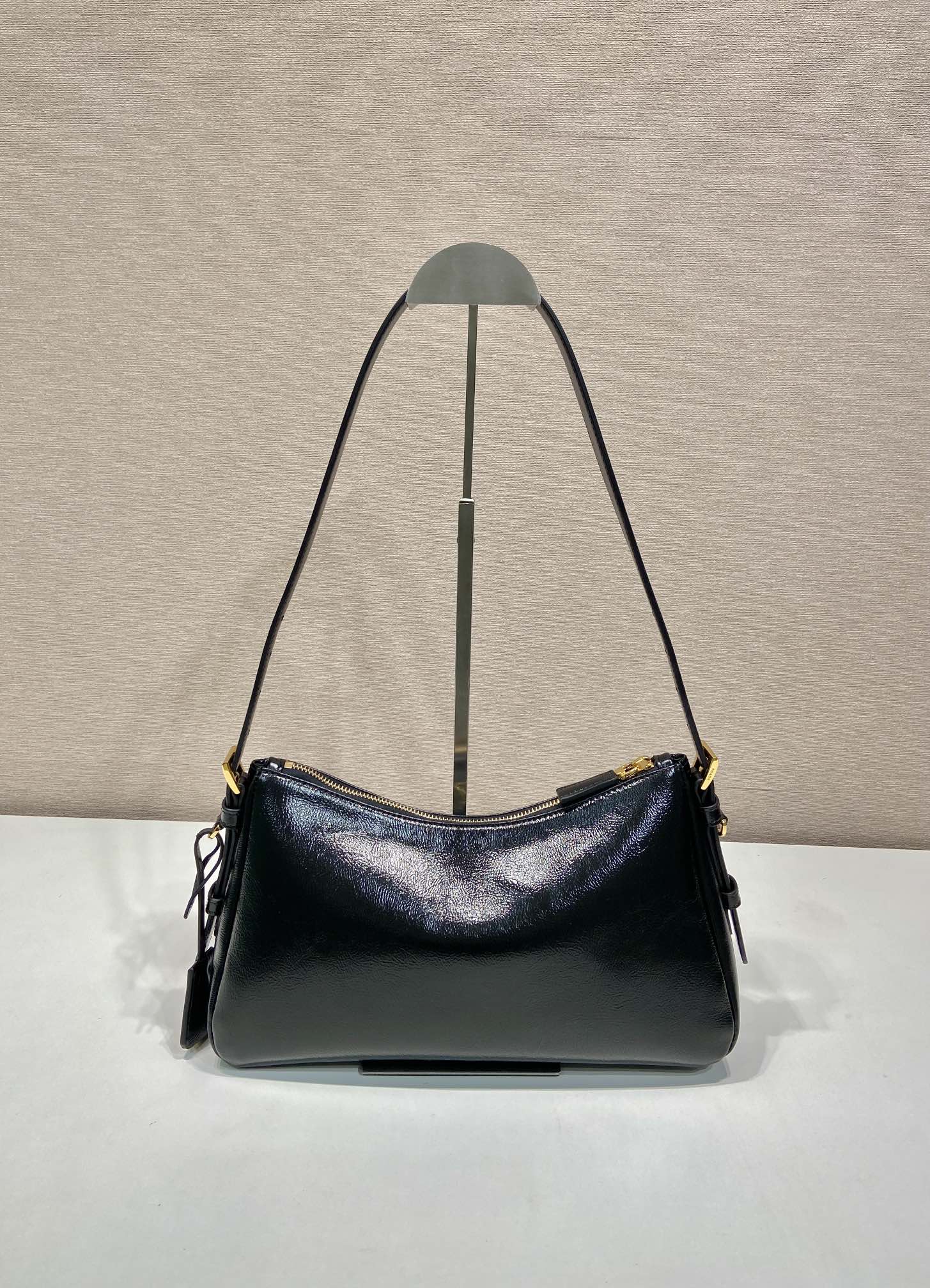 Prada Aimee Hobo Wrinkled Patent Leather Underarm Bag 1BC229