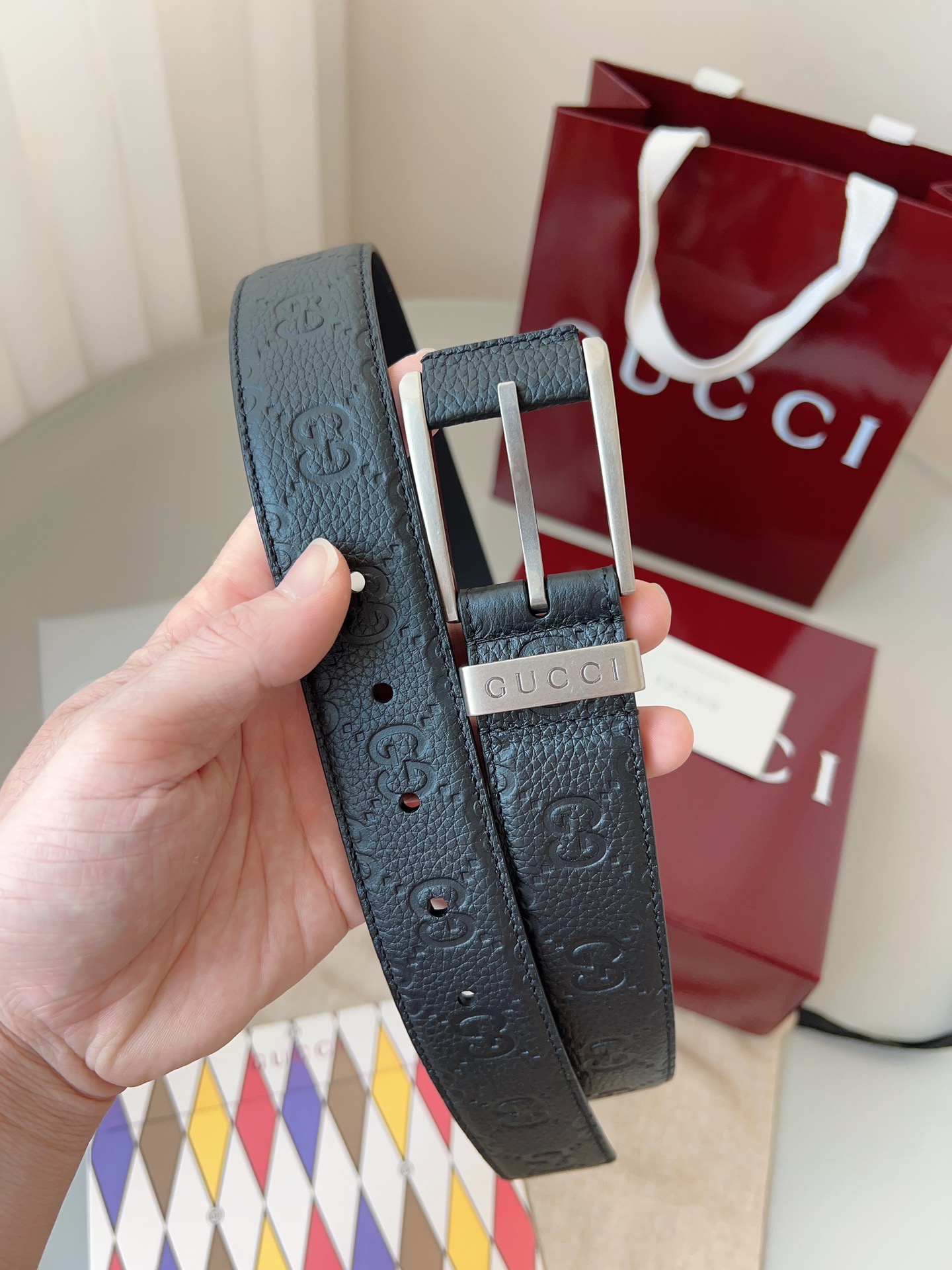 Gucci pin buckle printed leather belt 3.5cm wide