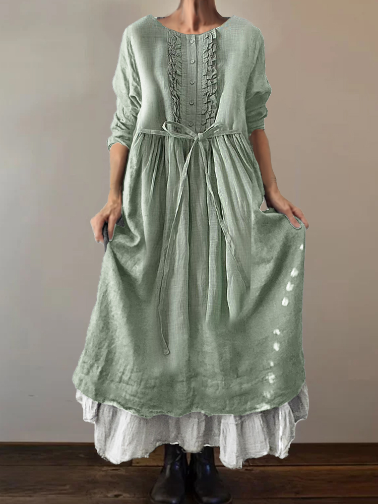 Vintage Ruffle Placket Tied Pleated Flowy Maxi Dress