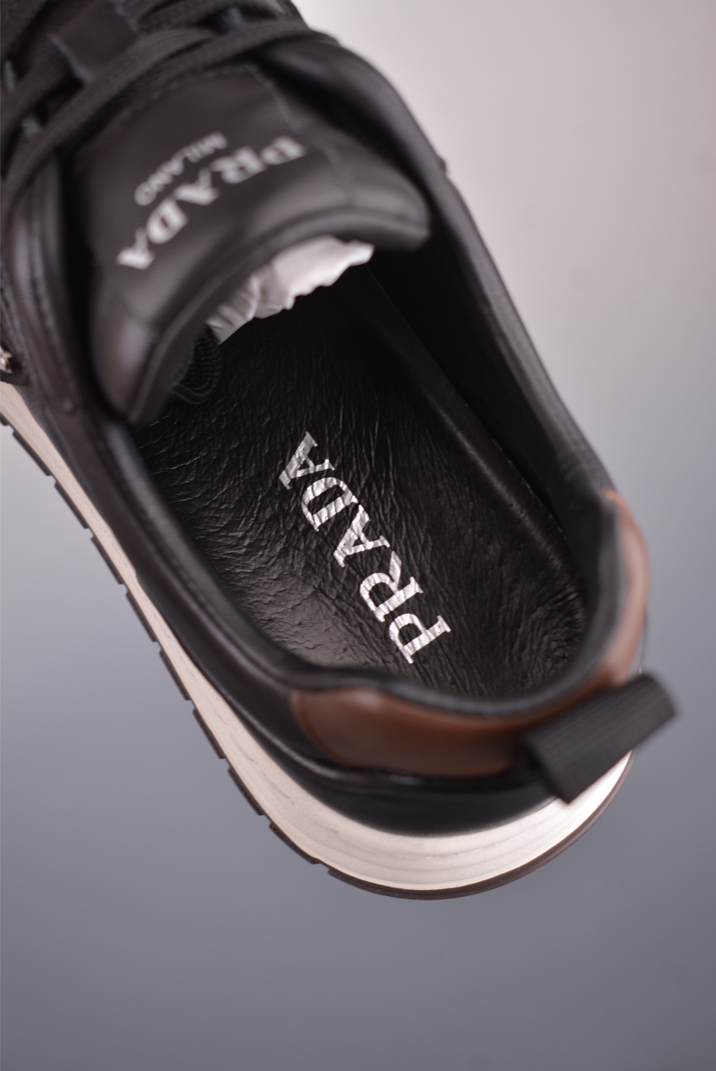 Prada PRAX 02 Triangle Logo Leather Sneakers Casual Sports Shoes Black Brown 3D989M_3LF5_FG000
