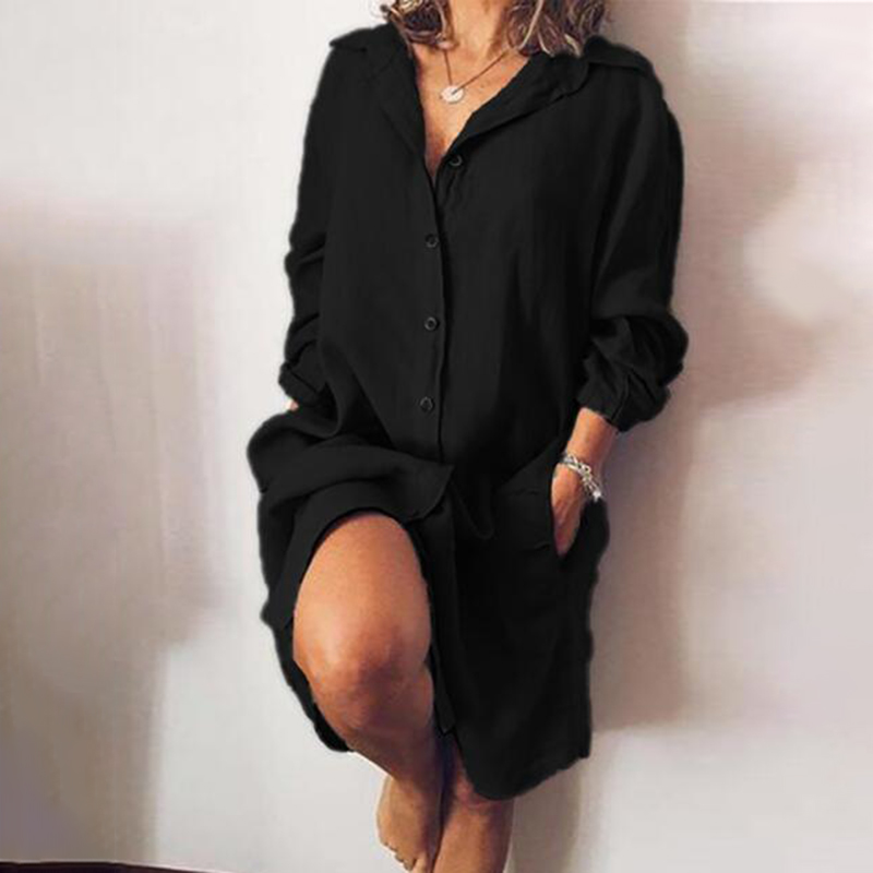 Solid Color Cotton And Linen Midi Dress