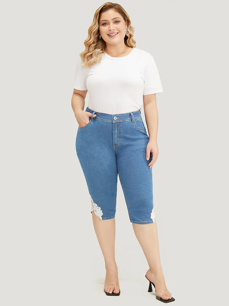 Very Stretchy High Rise Medium Wash Guipure Lace Knee Denim Shorts