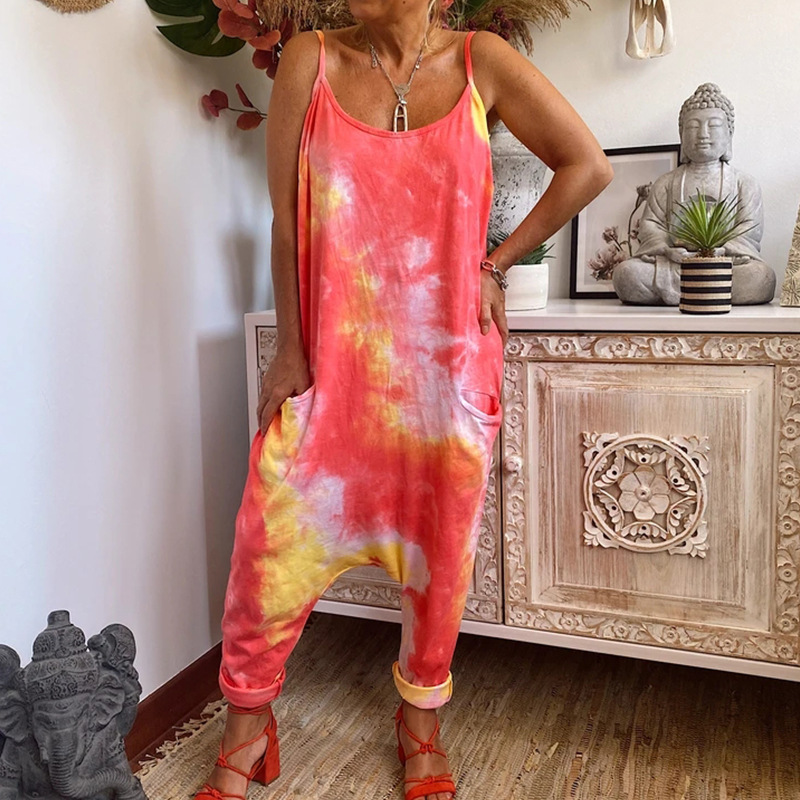 Casual Fashion Tie Dye Suspender Loose Jumpsuit