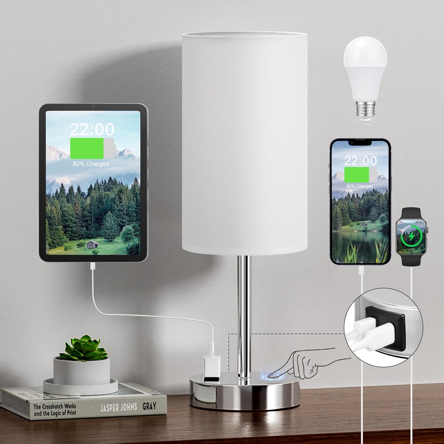 Bedside Table Lamp for Bedroom - 3 Way Dimmable Touch Lamp USB C Charging Ports and AC Outlet, Small Lamp Wood Base Round Flaxen Fabric Shade for Living Room, Desk, LED Bulb Included