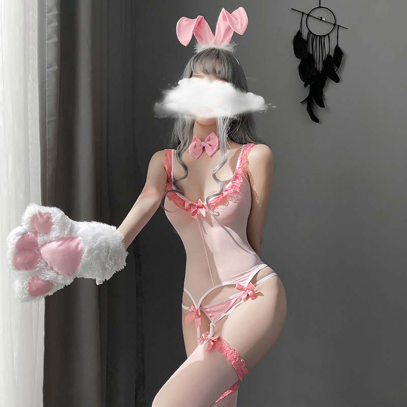 Sweat Ruffle Rabbit Ears Bow Strap Stockings Lingerie