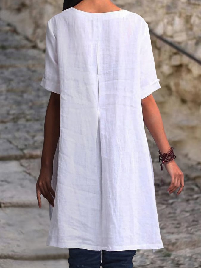 Solid Color Cotton And Linen Loose Mid-Length Shirt