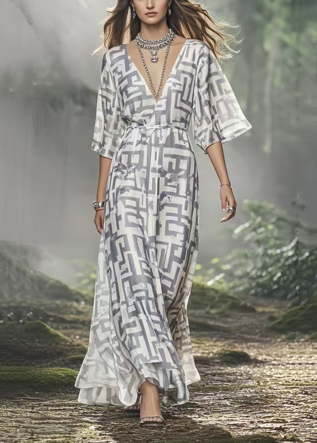 DIY Grey Print Silk Ankle Dress V Neck Summer