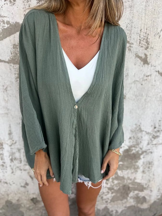 Women's V-Neck Long Sleeve Loose Button Design Casual Shirt