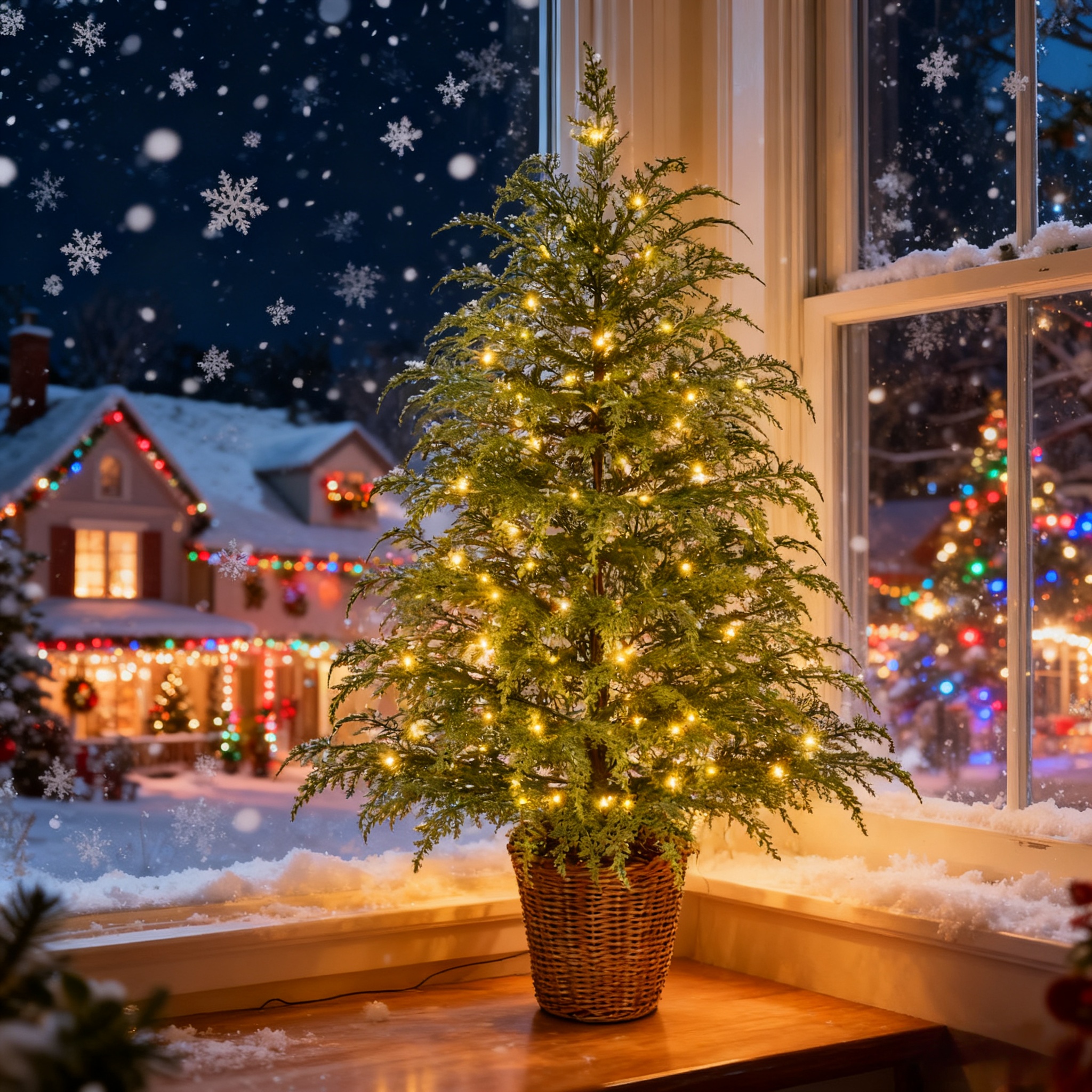 🎄Early Christmas Sale🔥Pre-Lit Green Cypress Artificial Christmas Potted Tree with White Twinkle LED Lights