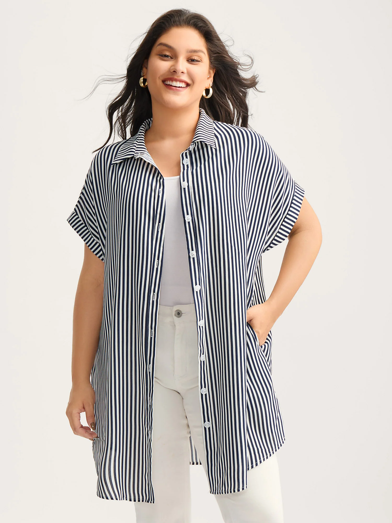 Striped Button-Front Tunic Blouse