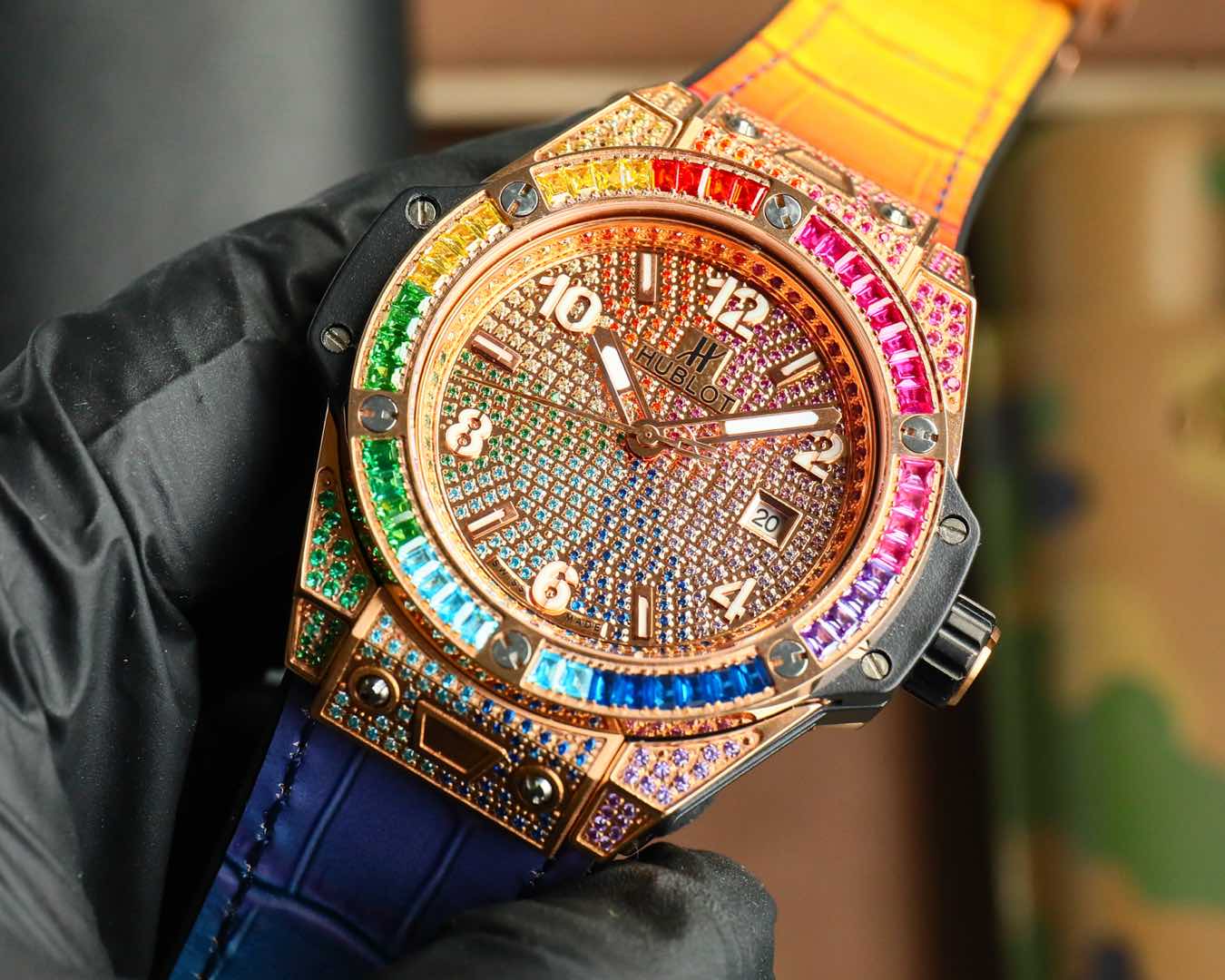 Hublot Big Bang stainless steel rainbow diamond watch