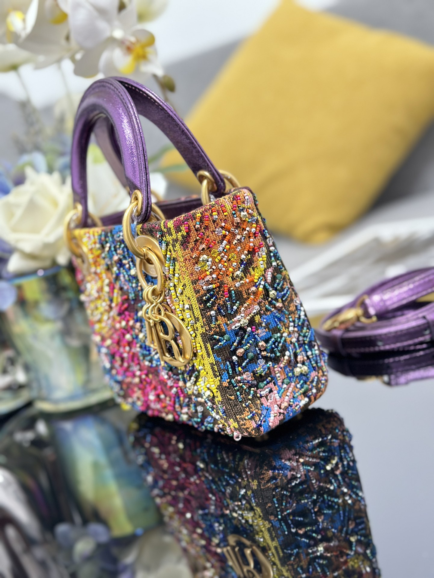 Dior Lady three-grid art embroidery limited edition Princess Diana bag M0505