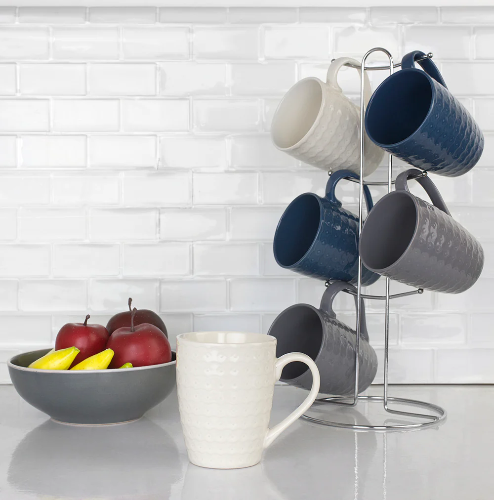 Home Basics 7-Piece Diamond Mug Stand Set 6-Mugs, Navy-Gray-White