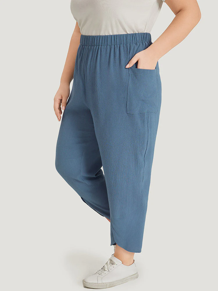 Solid Pocket Elastic Waist Wrap Hem Pants