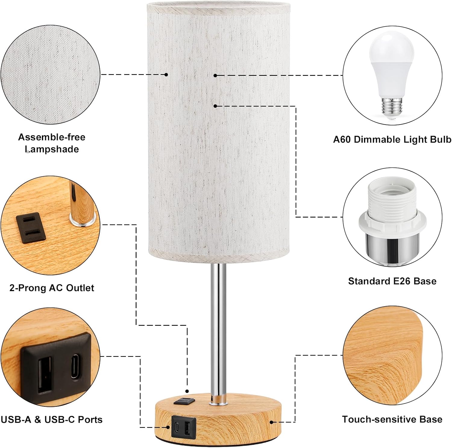 Bedside Table Lamp for Bedroom - 3 Way Dimmable Touch Lamp USB C Charging Ports and AC Outlet, Small Lamp Wood Base Round Flaxen Fabric Shade for Living Room, Desk, LED Bulb Included