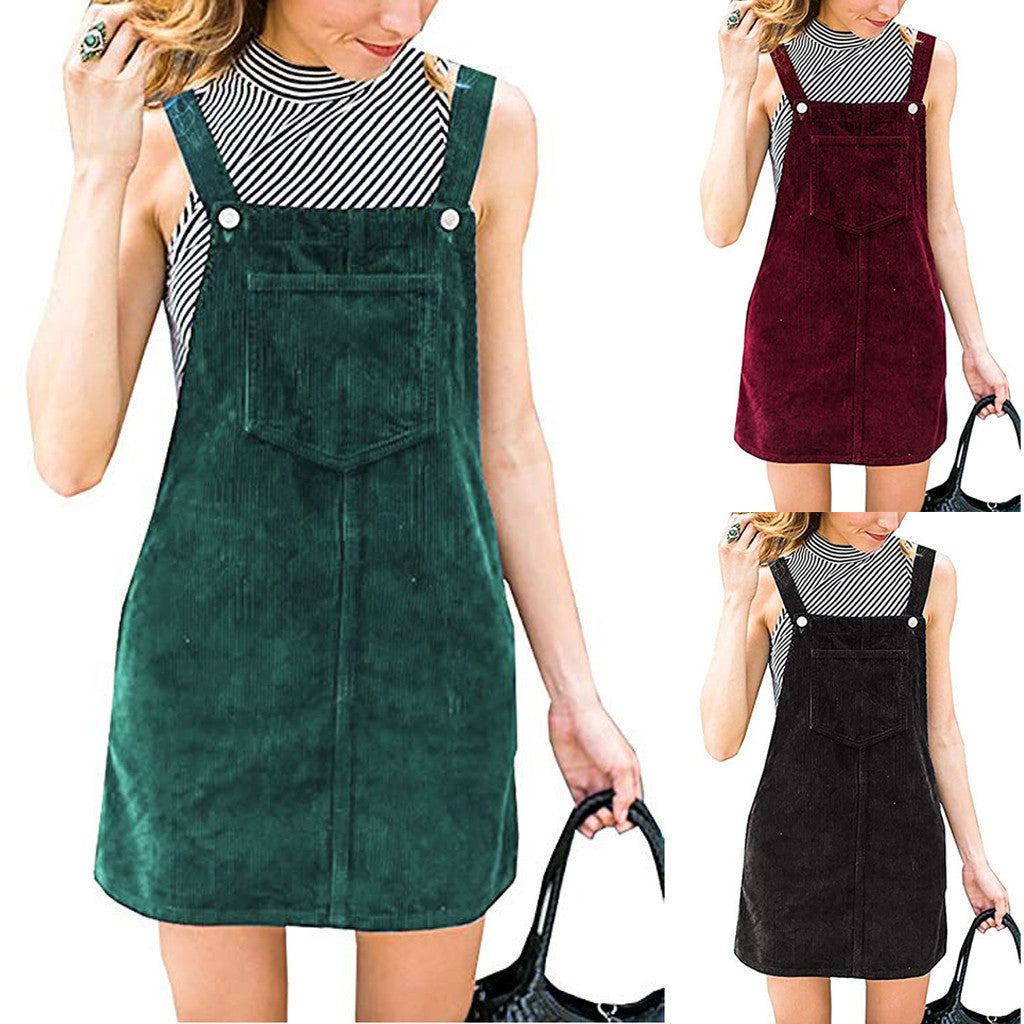 Solid Color Corduroy Suspender Dress for Women with a Halter Neck