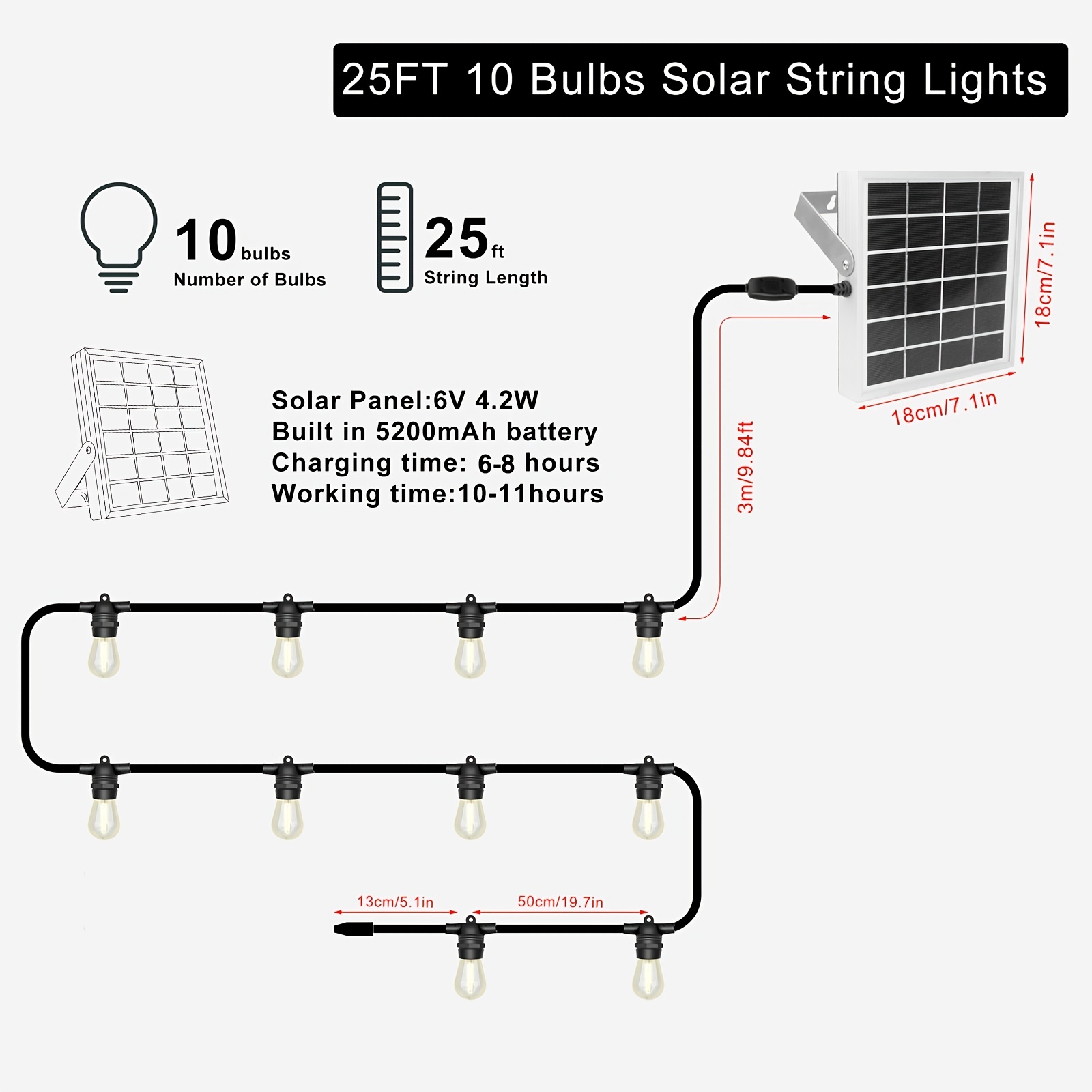 Solar String Lights Outdoor Waterproof LED Shatterproof 25FT/49FT Heavy Duty Outdoor String Lights Solar Powered With Plastic Hanging S14 Bulbs