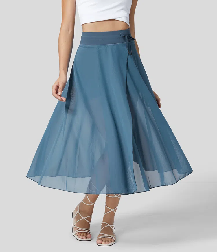 ON SALE🔥High Waisted Drawstring Contrast Mesh 2-in-1 Side Pocket Flowy Midi Flare Casual Skirt