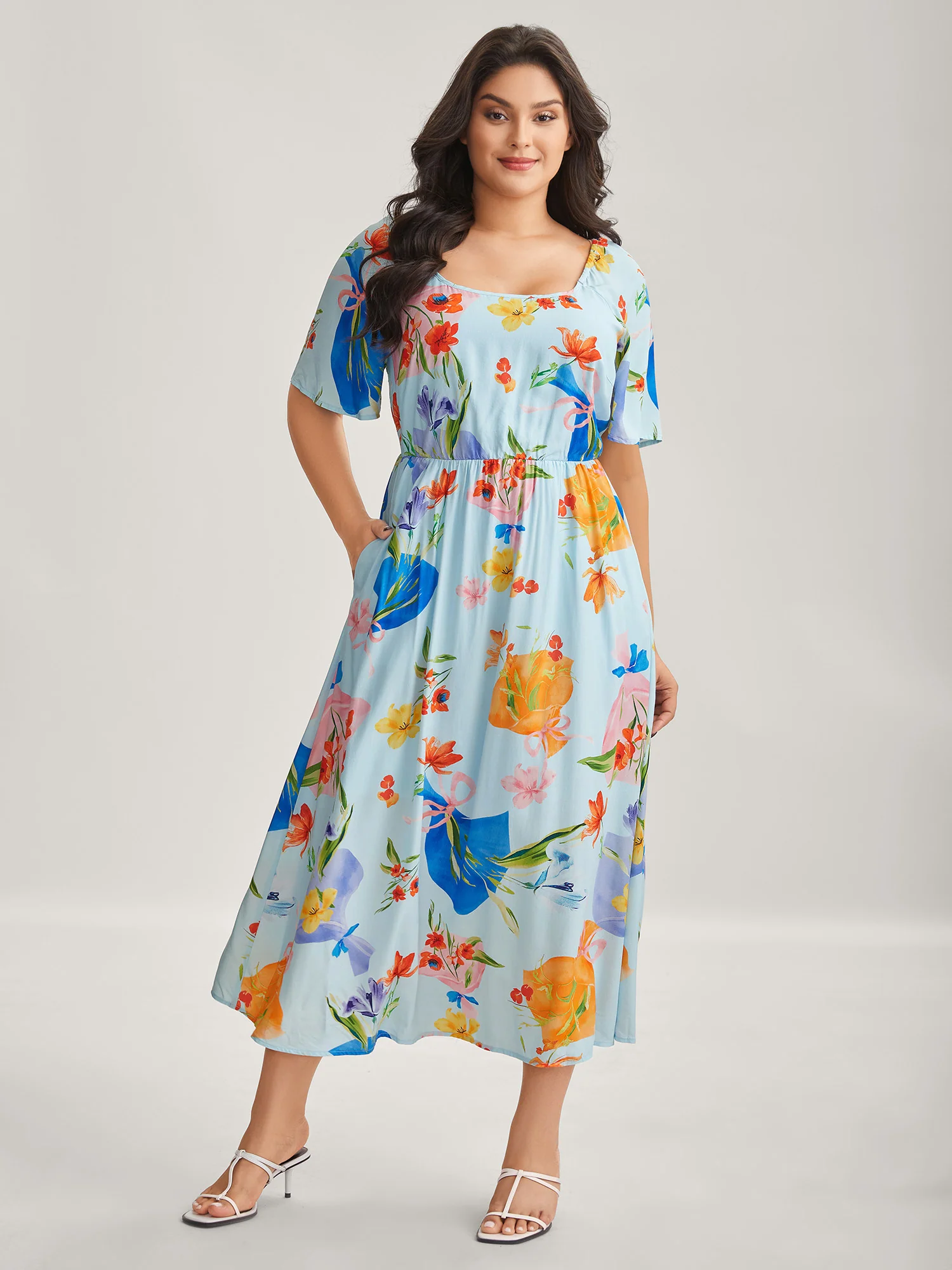 Rayon Floral Print Pockets Midi Dress