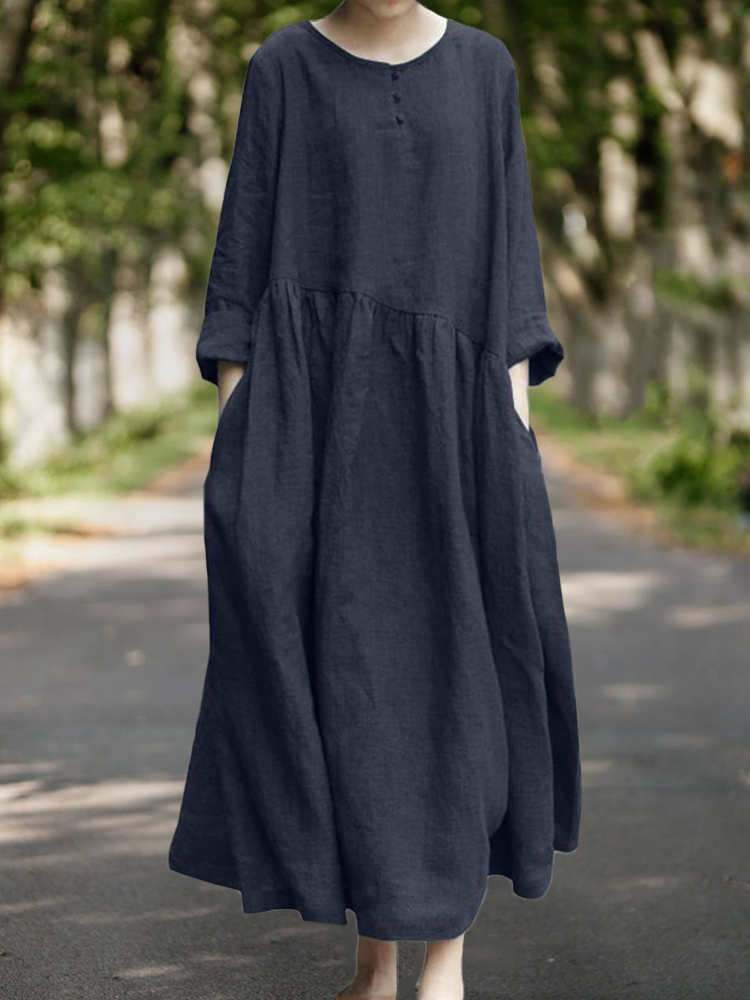 Vintage Pleated Wide Skirt Maxi Dress
