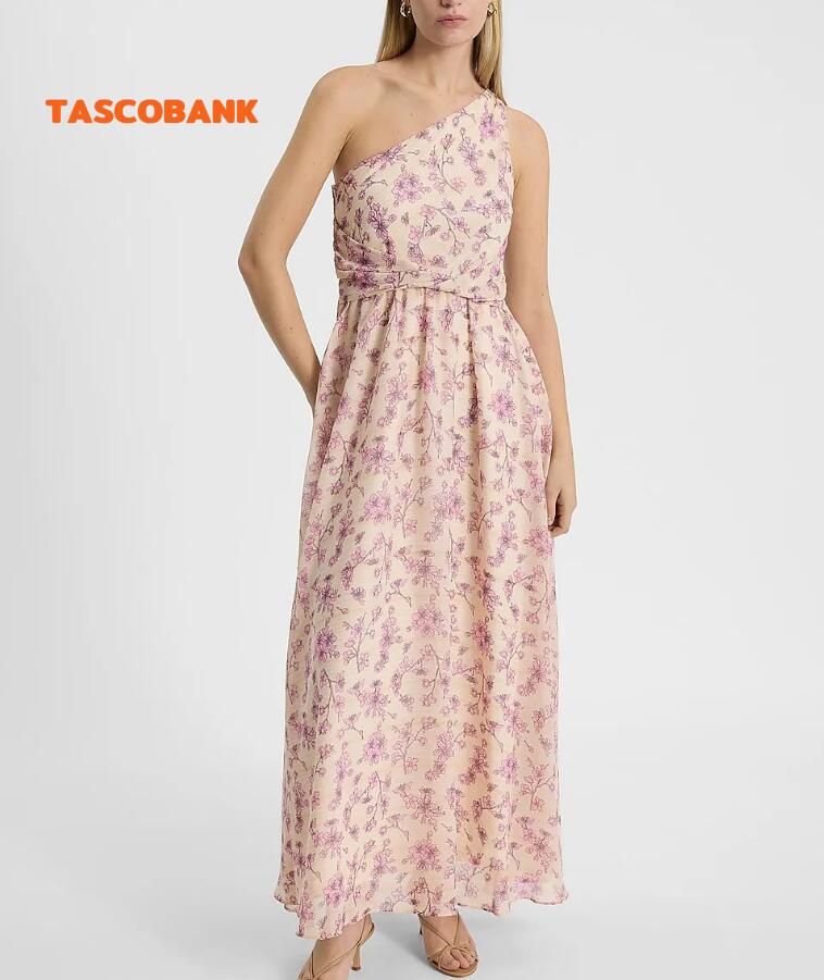 Metallic Floral One Shoulder Pleated Maxi Dress