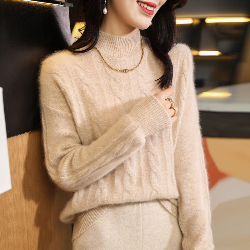 Women's Pure Wool Sweater with Half Turtleneck and Thick Twist Knit Design