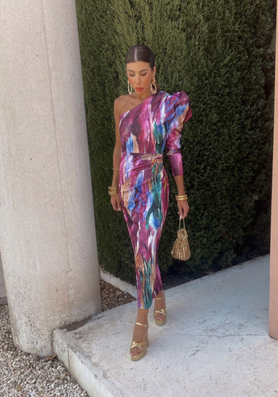 Purple Puff One Shoulder Midi Dress