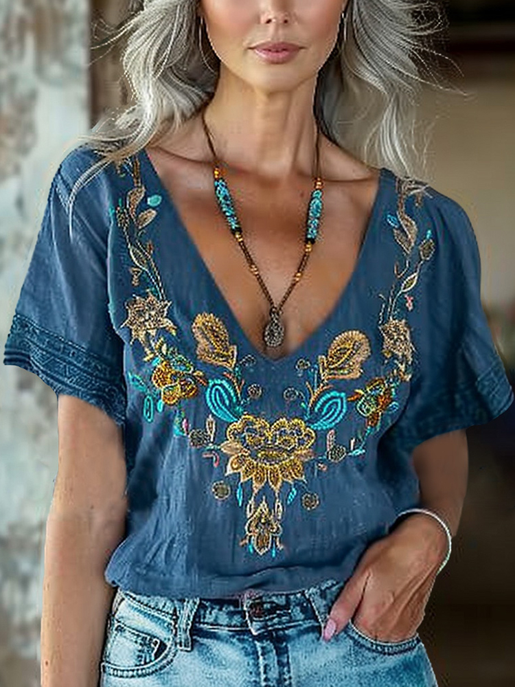 Bohemian Ethnic Floral Linen Art Print Short Sleeve V-neck Shirt
