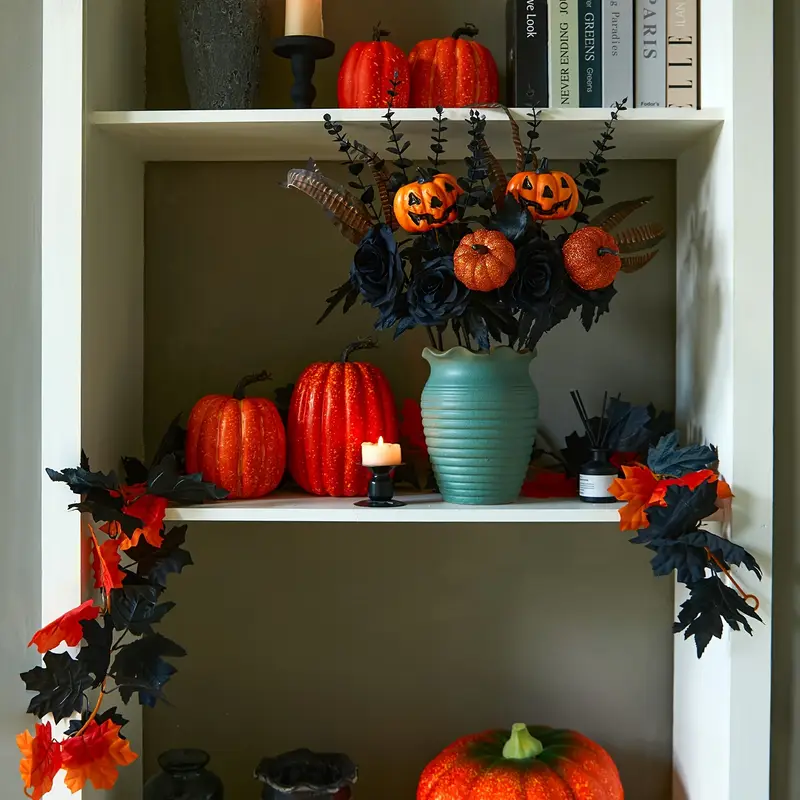 🏆Flash Sale⚡Artificial Fall Flowers-Halloween Pumpkin Bunch with Black Maple Leaves,Rose,Feathers- UV resistant, Waterproof, Windproof