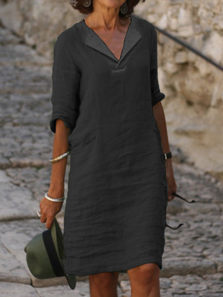 Lapel V Neck Linen Cotton Midi Dress