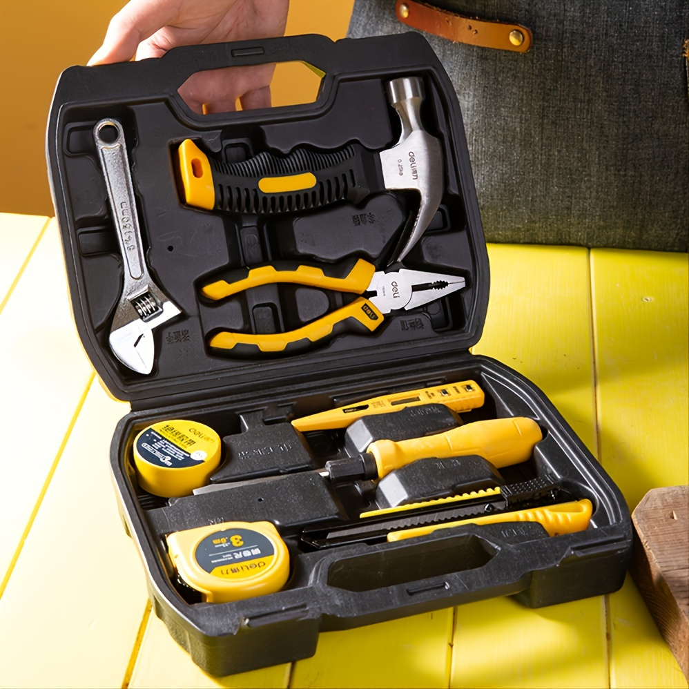 Tool Box Kit 8-piece Comprehensive Maintenance Kit Hammer Open End Wrench Pliers Screwdriver Art Knife Measuring Pencil Tape Combination Tool Kit Black Tool Kit