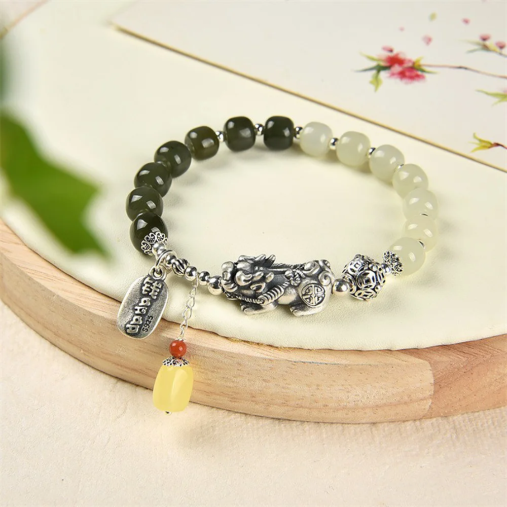 Natural Hotan Jade Beads Men's Bracelet 925 Silver Natural Honey Wax Pendant Bangles Fine Jewelry Gift For Boyfriend Wholesale