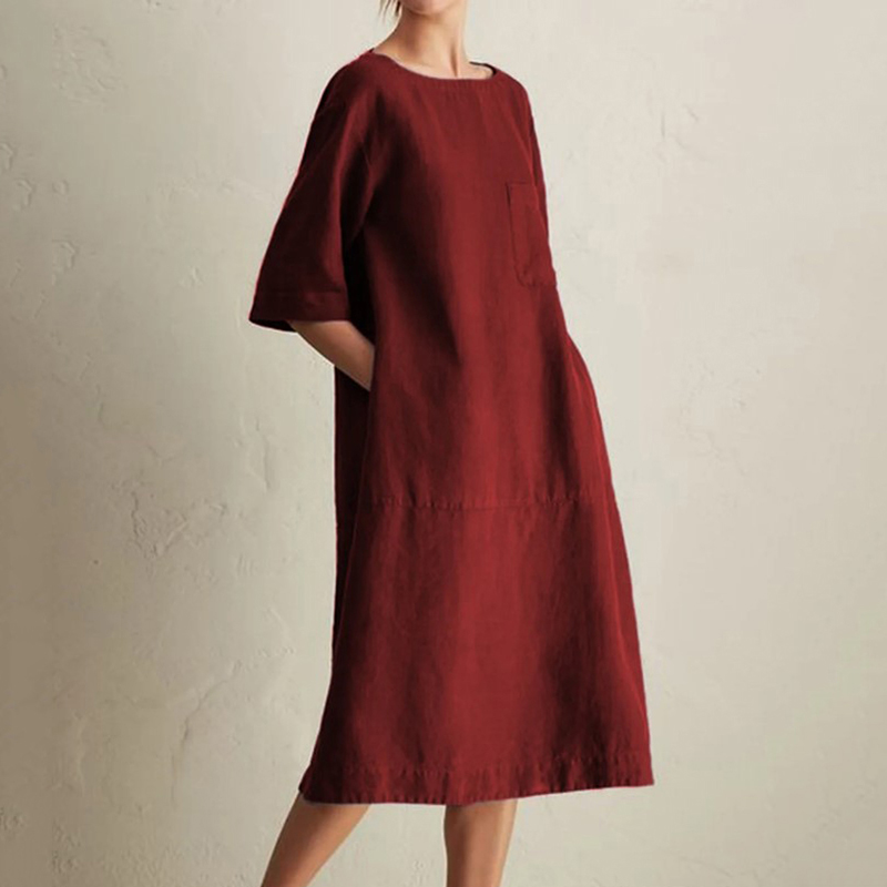 Vintage Plain Pocket Round Neck Short Sleeve Midi Dress